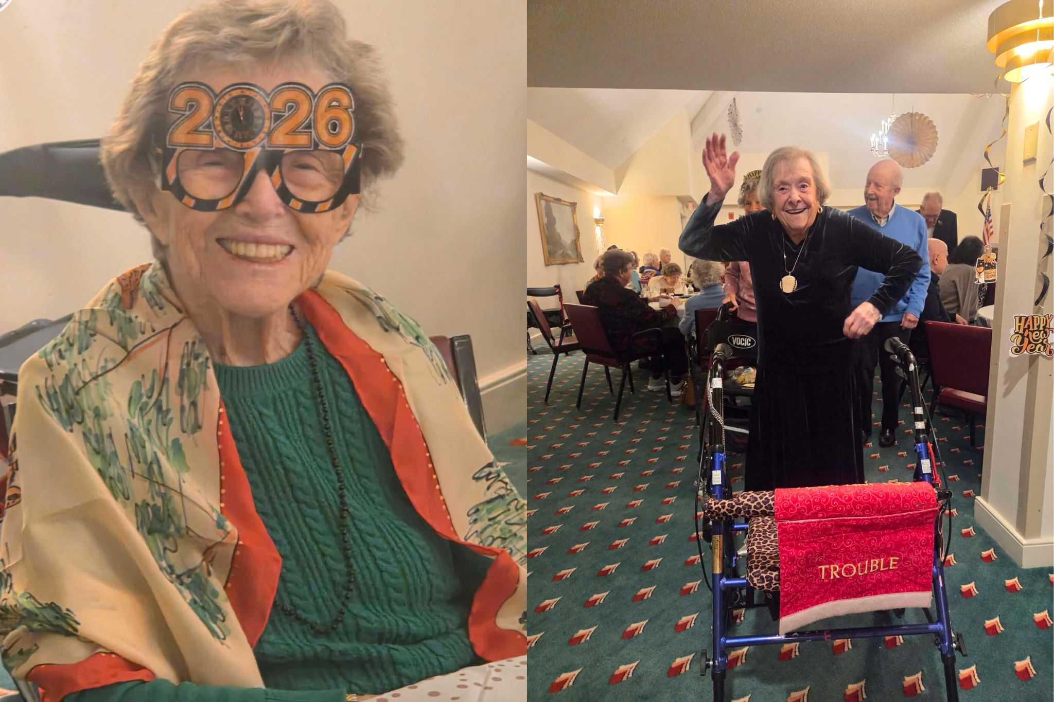Two elderly women celebrating New Year’s in a photo essay—one wears 2026 glasses, the other waves beside a walker labeled Trouble.