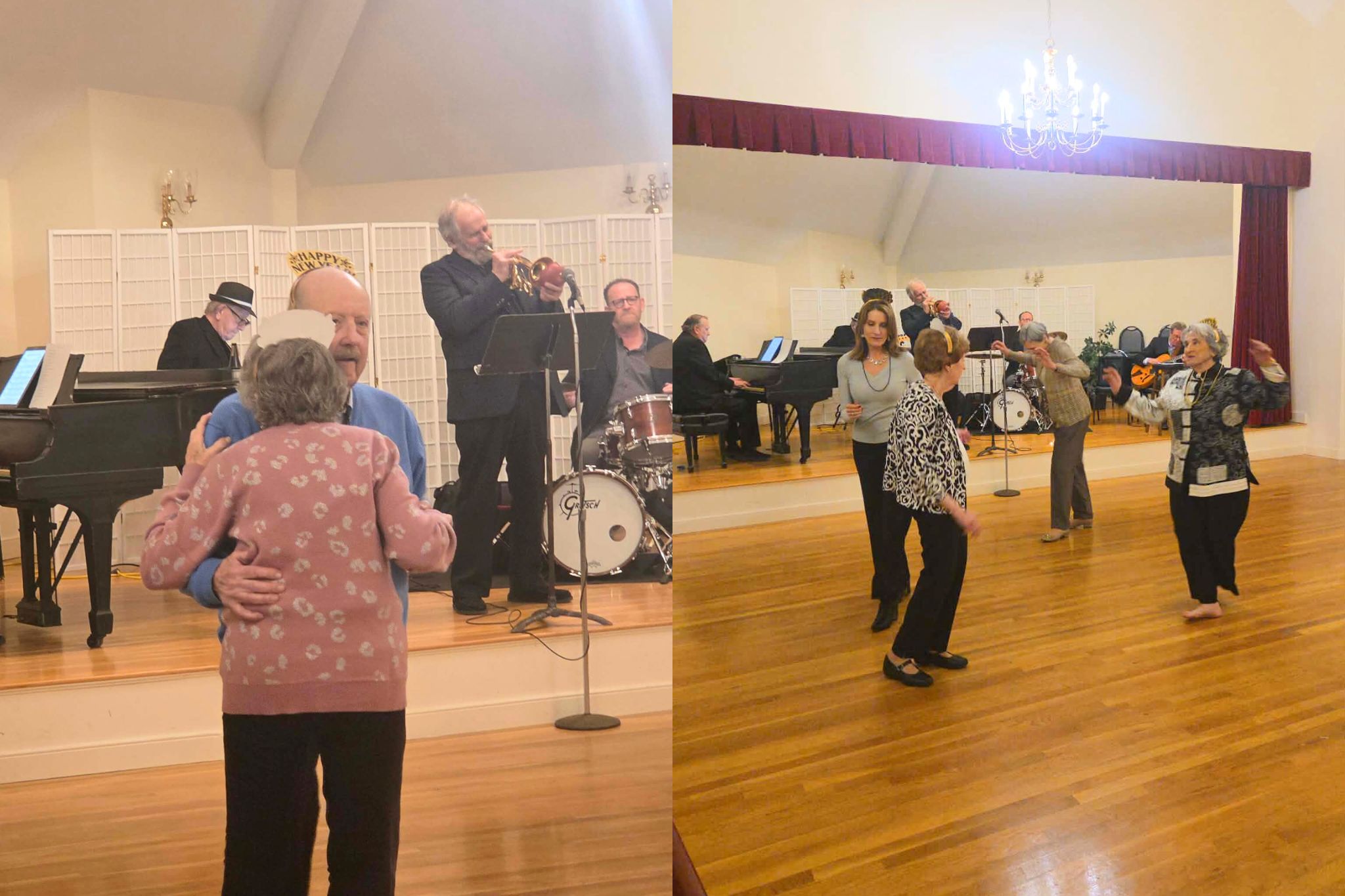 Elderly people dance in a hall while a live band performs on stage in the background, capturing the joy of summer in this vibrant photo essay.