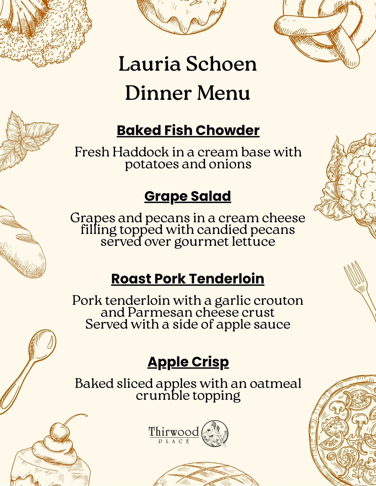 A dinner menu worthy of scholarship, featuring four dishes: fish chowder, grape salad, roast pork tenderloin, and apple crisp.