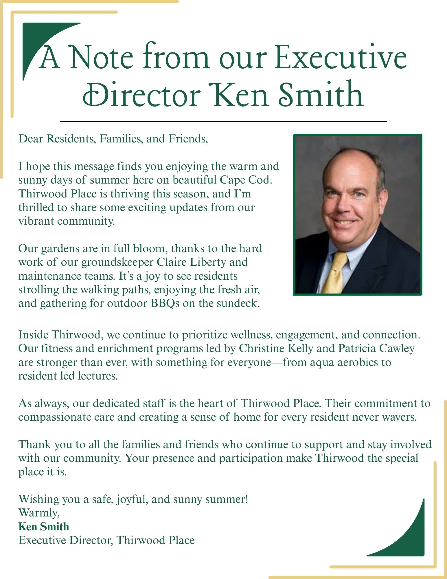 A letter from the Executive Director, Ken Smith, with a green border and floral accents highlights this year’s scholarship opportunities.