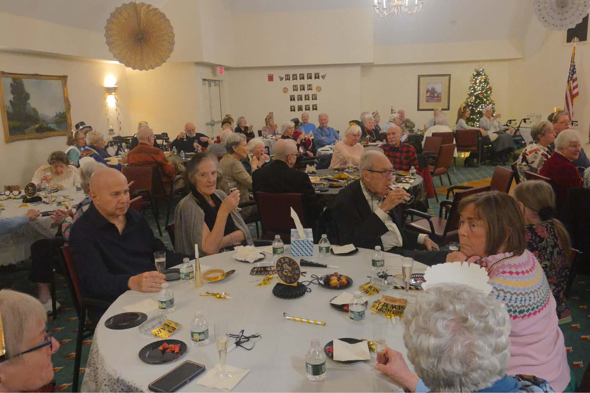 A large group of seniors sit at decorated tables, enjoying a festive summer gathering in a community room—an ideal moment for a cheerful photo essay.