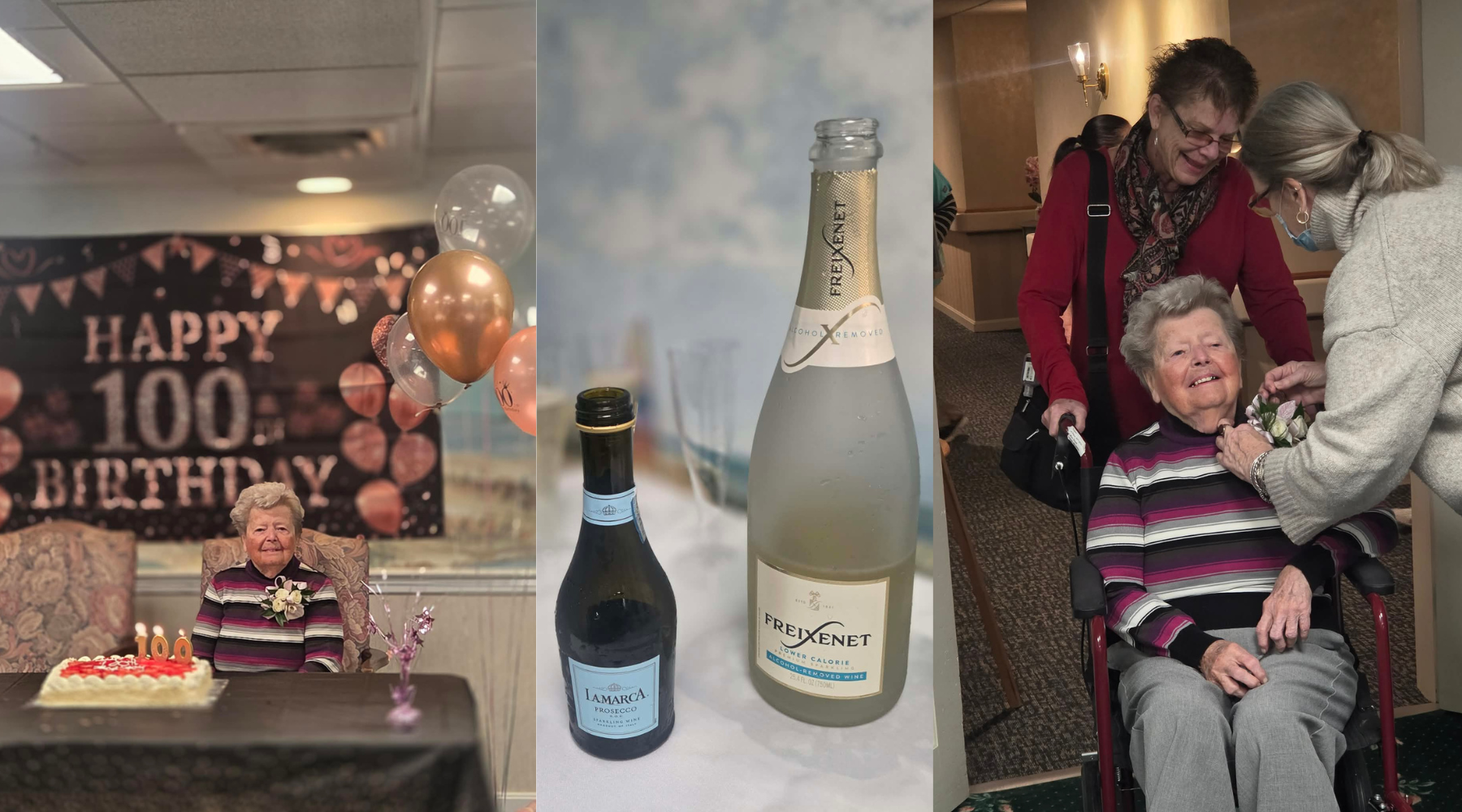 Elderly woman celebrates her 100th birthday with cake, balloons, sparkling wine, and loved ones by her side, all while staying cozy indoors during the winter and mindful of cold and flu season.
