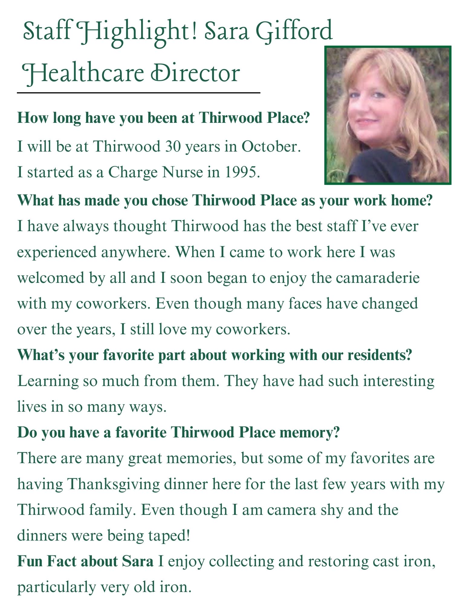 Staff profile of Sara Gifford, Healthcare Director, sharing job experiences, favorite memories, and the impact of the Thirowood Place scholarship program.