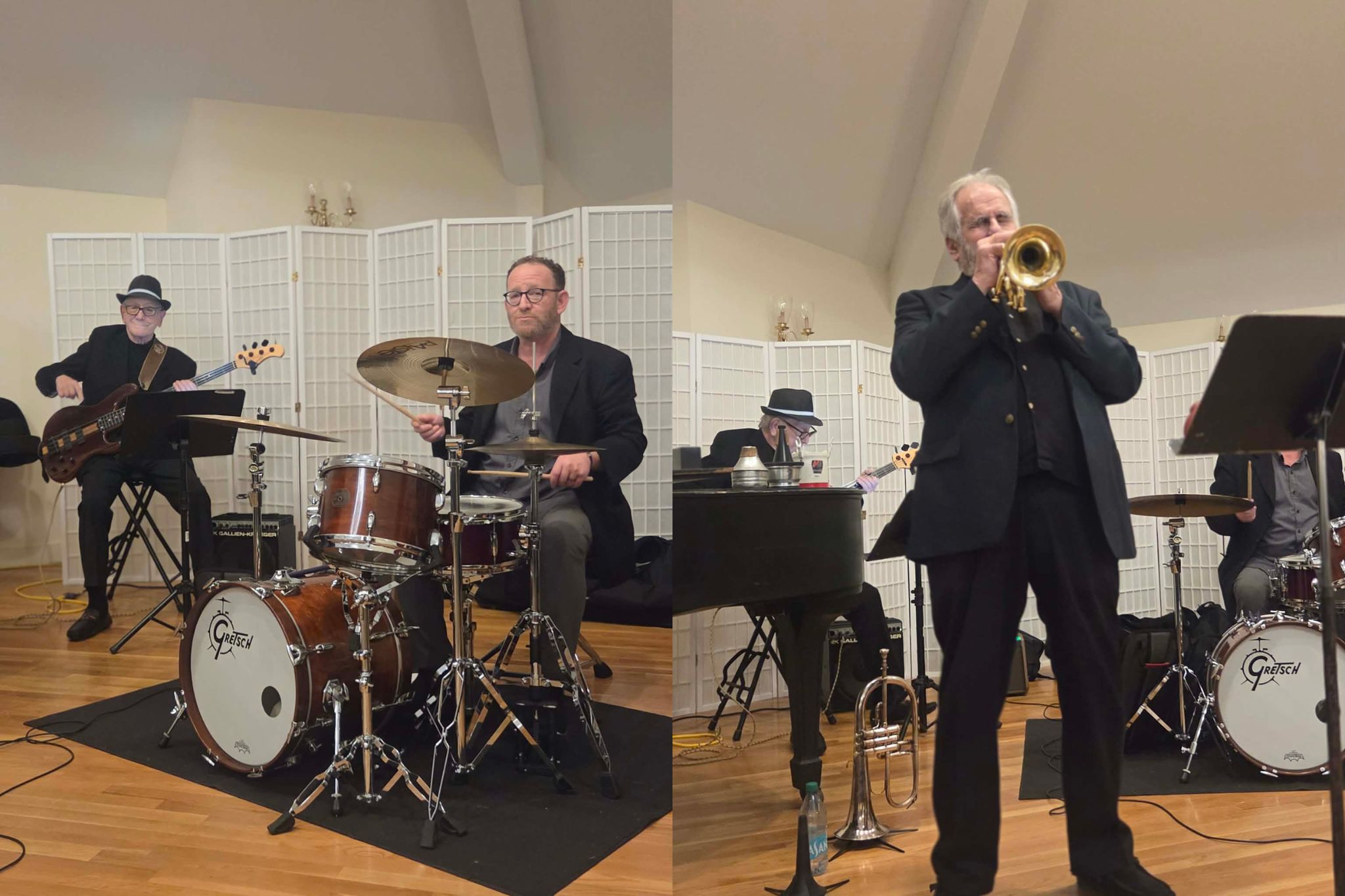 Two photos from a summer photo essay capture a jazz band performing indoors, featuring a bassist, drummer, and trumpeter.