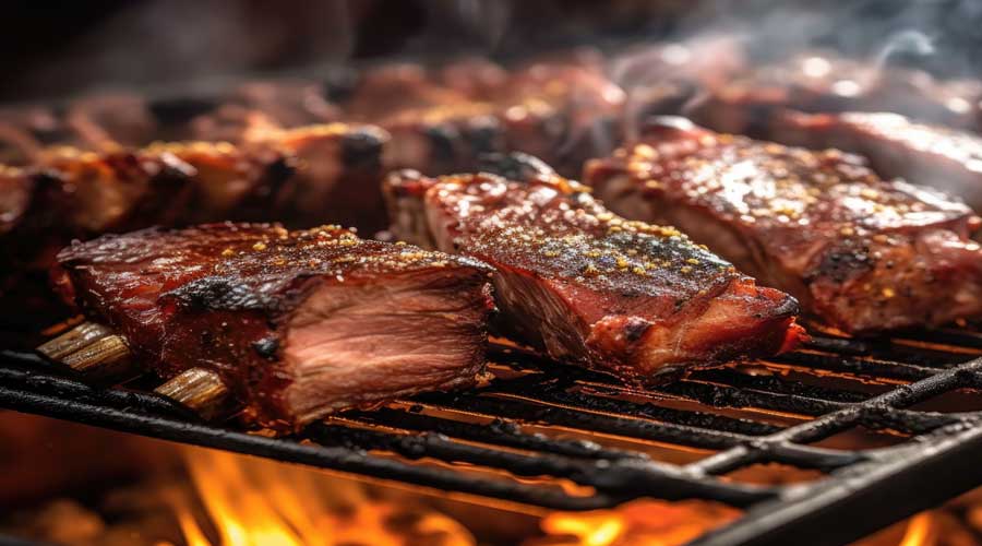 Juicy, grilled ribs cooking on a barbecue with flames beneath and a smoky atmosphere. The ribs have a glazed, crispy crust, indicating they are almost ready to serve.