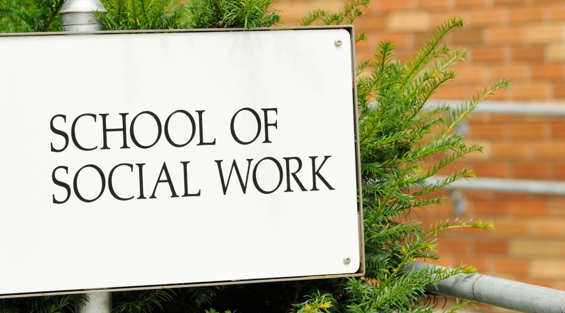A sign reading School of Social Work stands in front of greenery, a brick building, and a subtle animal sculpture nestled among the plants.