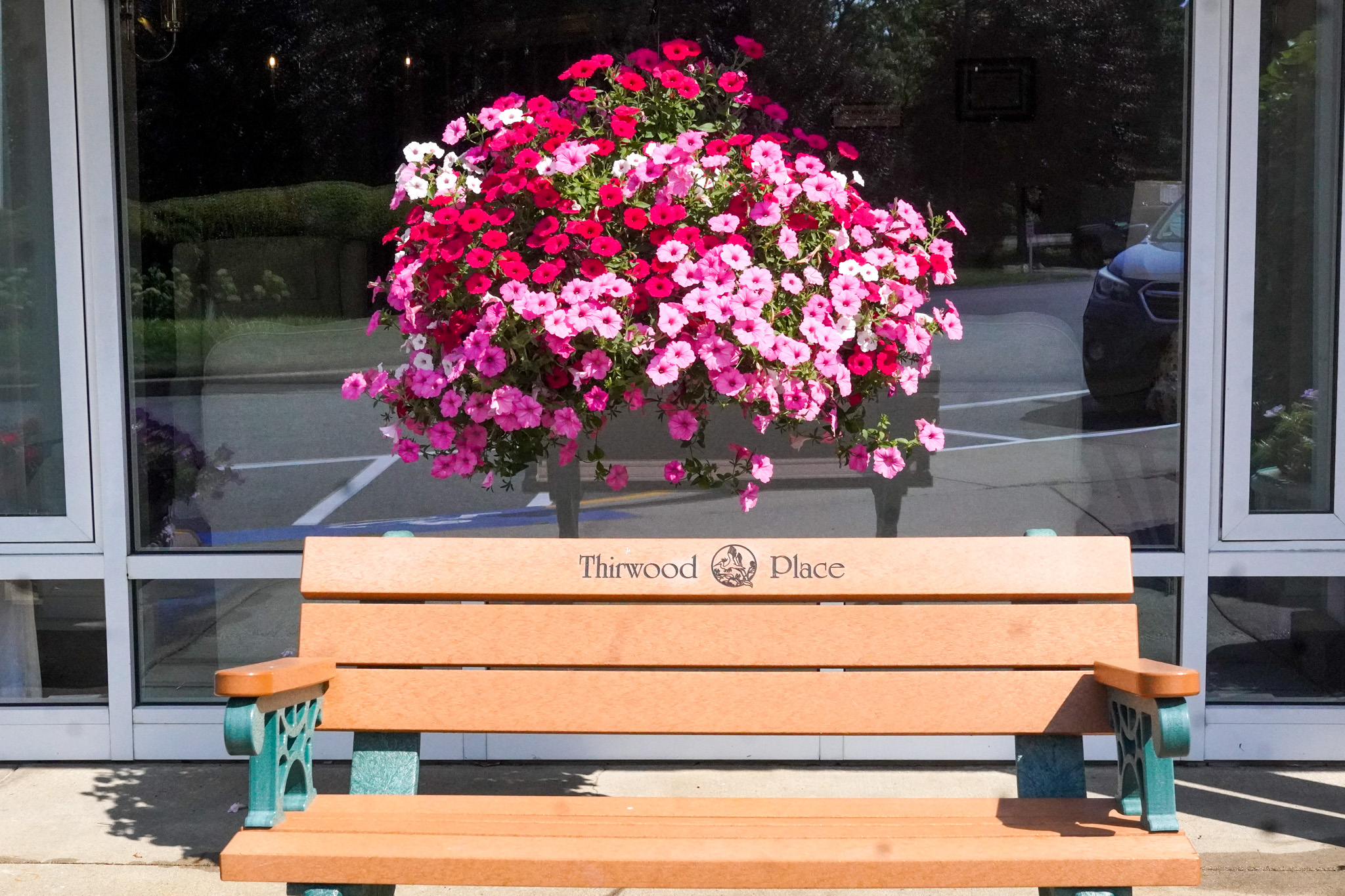 A wooden bench labeled Thirwood Place sits in front of pink and purple summer flowers and large windows.