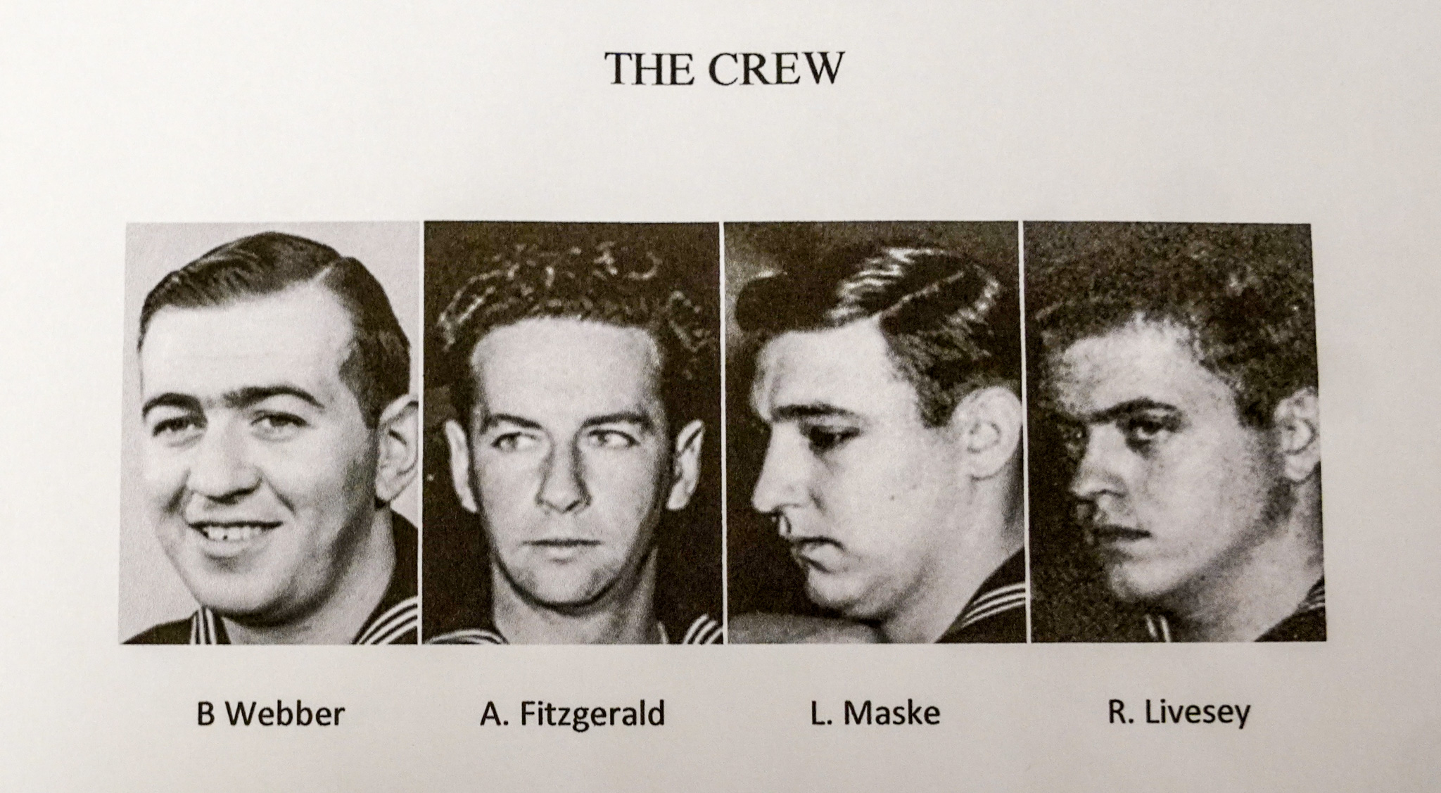 Black and white photos of four men, B Webber, A Fitzgerald, L Maske, and R Livesey, labeled under the title The Crew, evoke a sense of camaraderie akin to that found on ships braving wild seas.