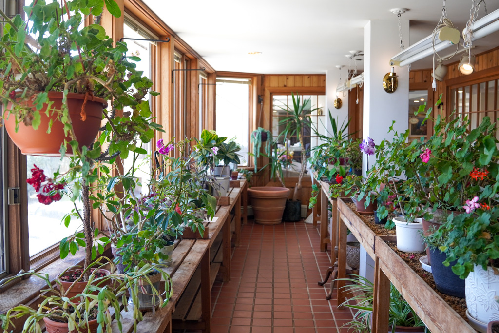A sunlit indoor garden room with potted plants on wooden shelves, terracotta tile floors, and the airy feel of a lightship softly illuminating the space.