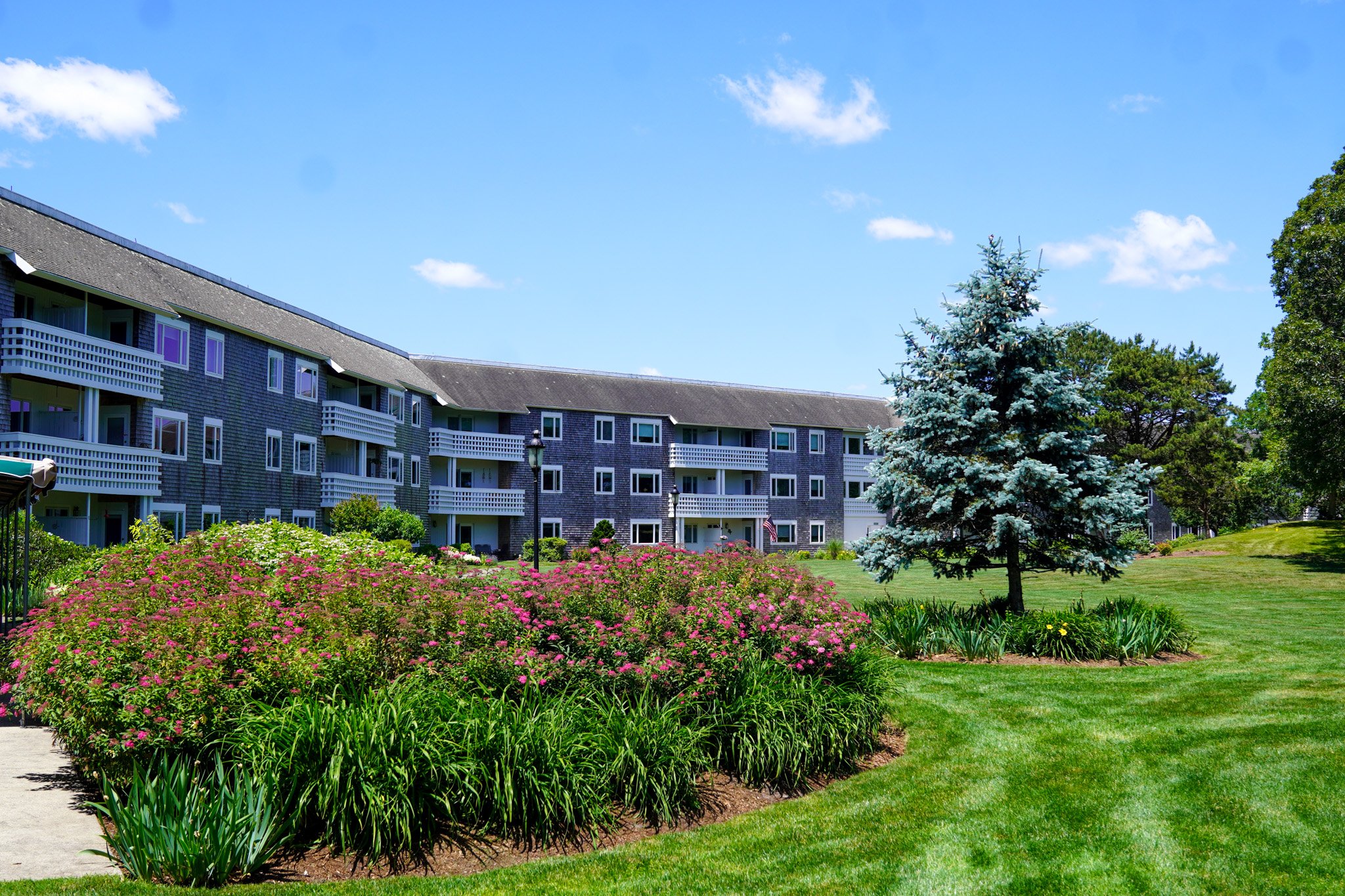 Three-story apartment building with balconies, landscaped bushes, green lawn, and a bright blue summer sky.