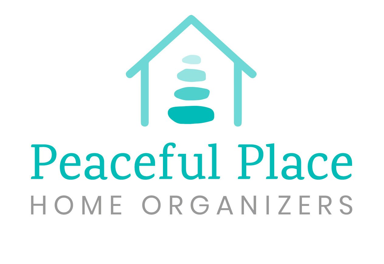 Logo featuring a house outline with zen stones above the text, Peaceful Place Home Organizers, in calming teal and gray tones, ideal for those considering downsizing.