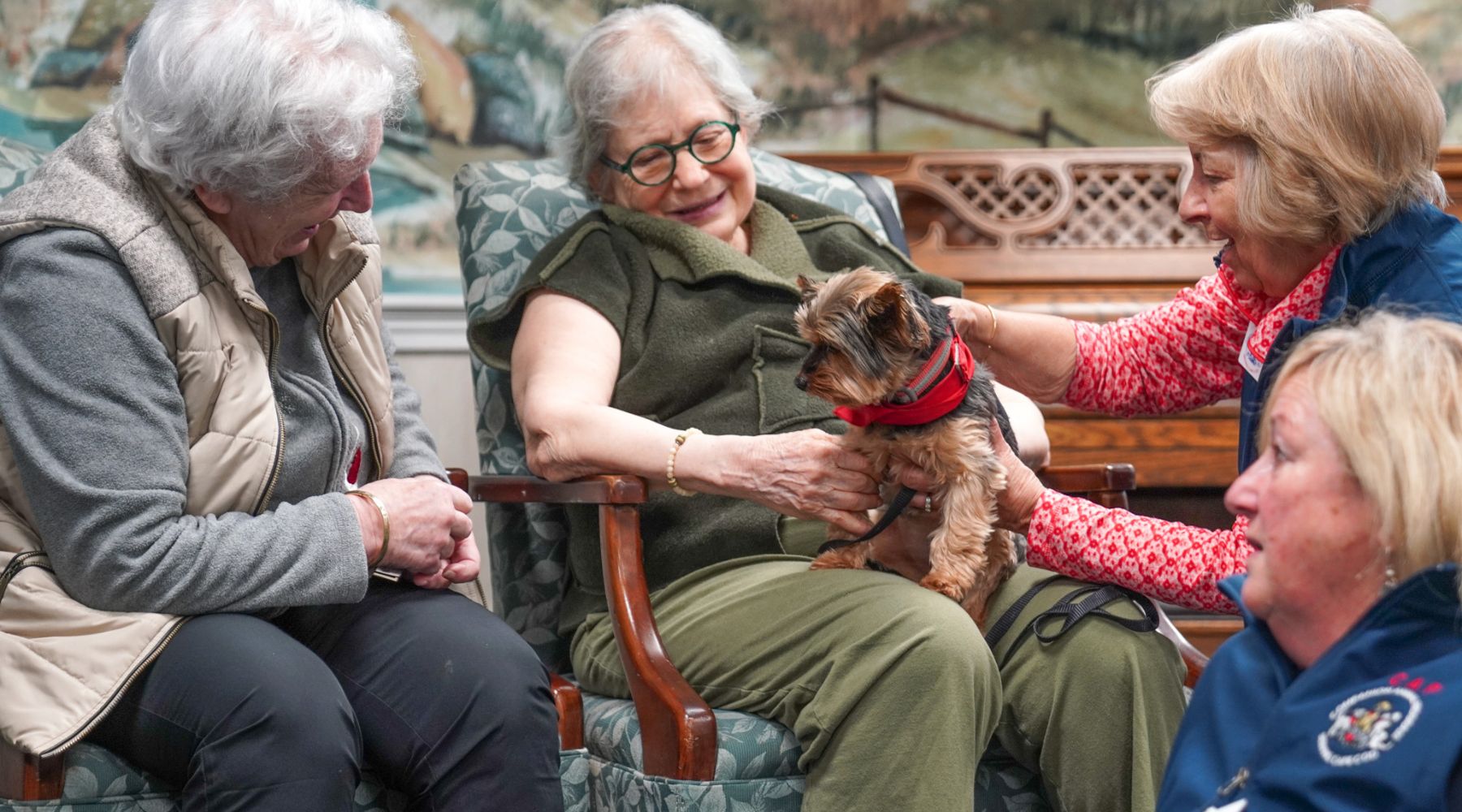 Three elderly women smiling and petting a small animal on someones lap indoors.