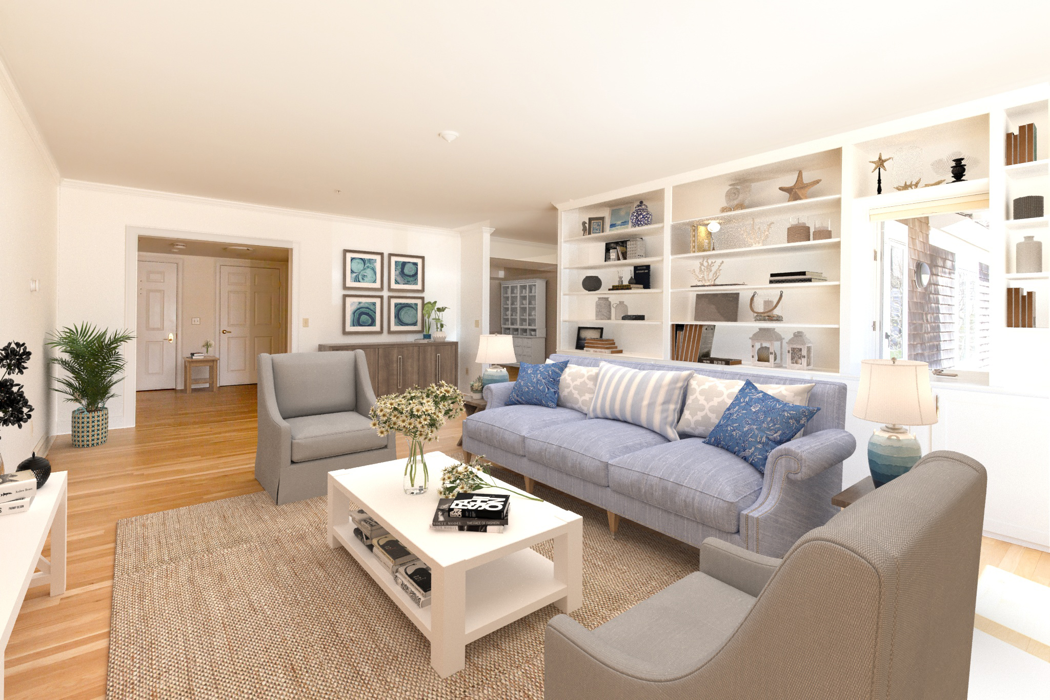 interior of luxury apartment with coastal decor and wood floors