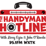 Red radio image with The Handyman Hotline, hosts' names, and a mention of a scholarship opportunity, plus 95.1FM WXTK at the bottom.