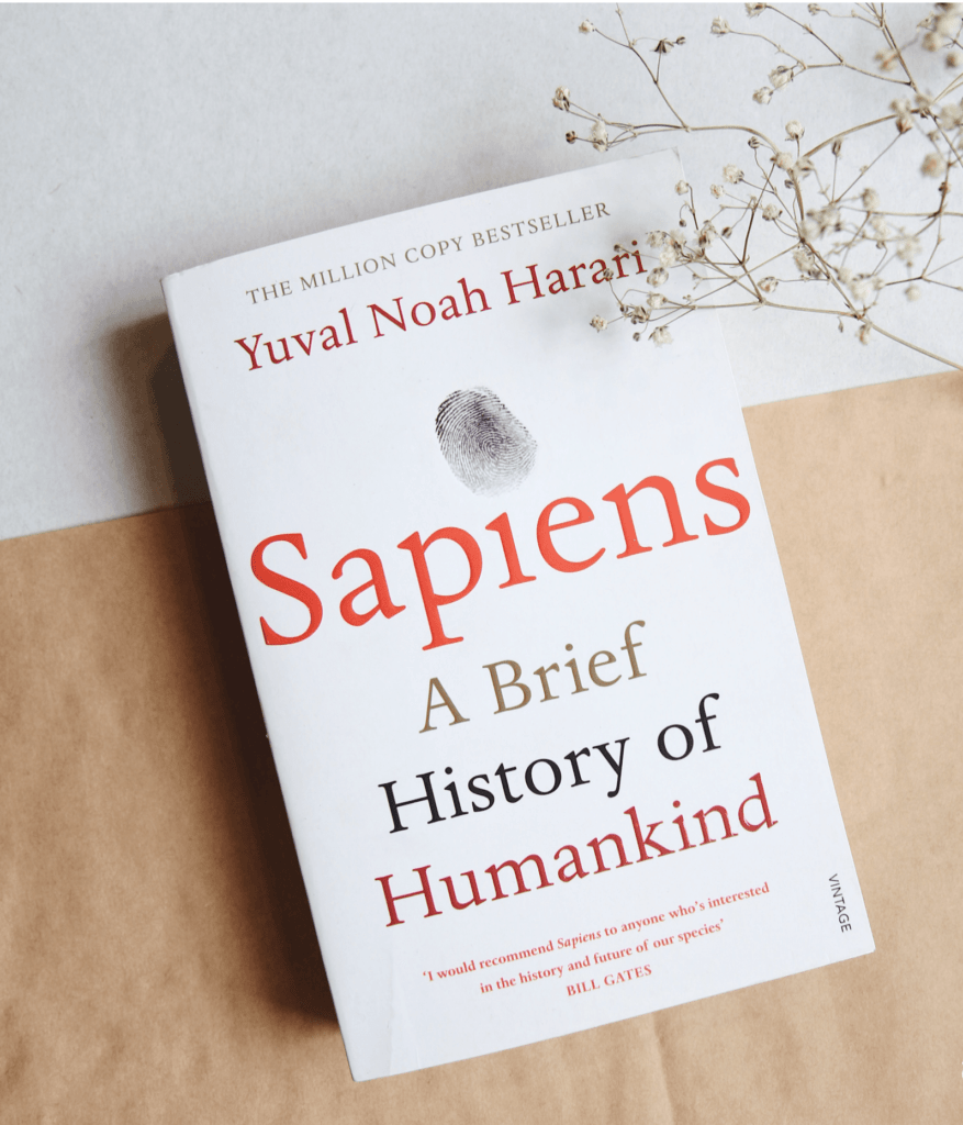 Book cover of Sapiens: A Brief History of Humankind by Yuval Noah Harari rests on a beige surface, surrounded by dried flowers. This powerful narrative explores the stories that have shaped our existence.
