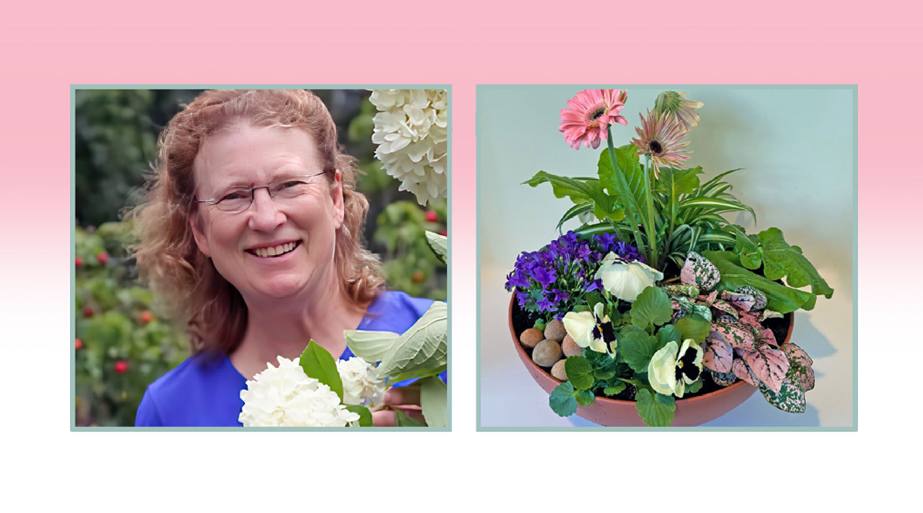 split screen of C.L. Fornari and a planted dish garden