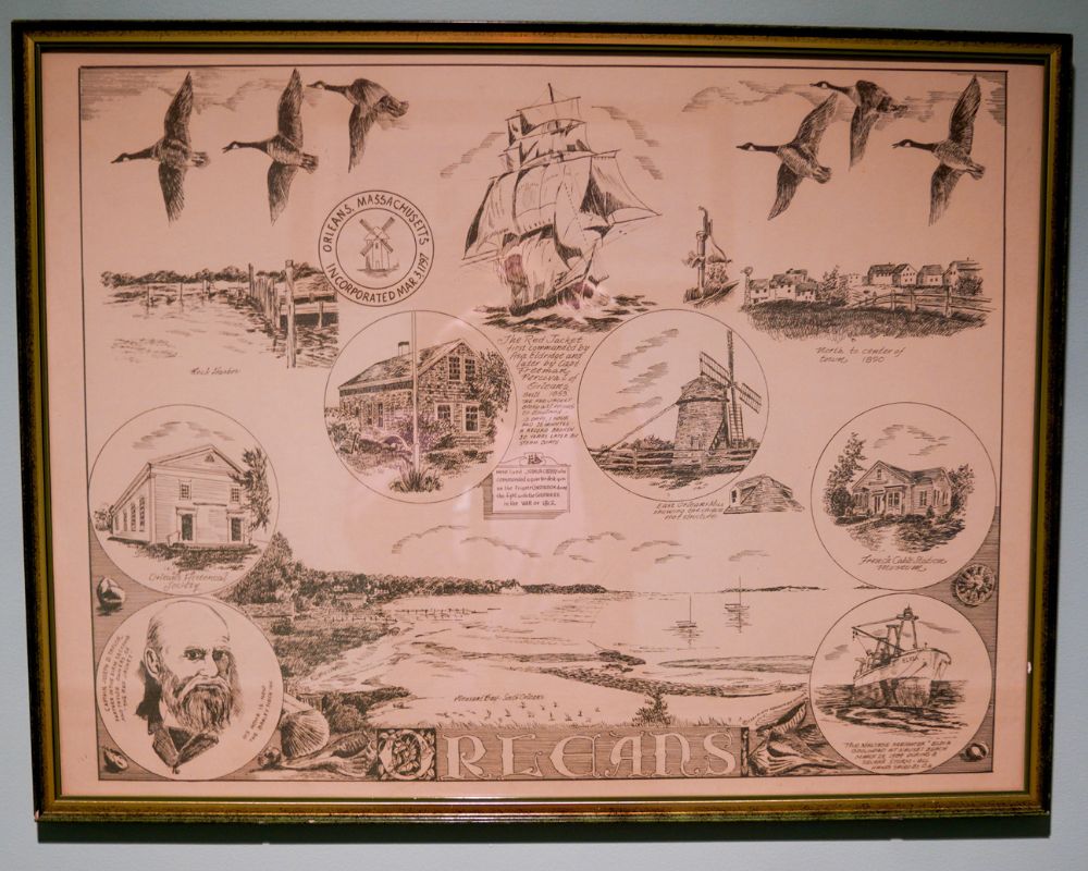 Vintage collage of Orleans, Massachusetts with illustrations of landmarks, a ship, birds, and historical scenes evokes the communitys charm. Perfect for appreciating senior living in a town where every street holds stories of the past.