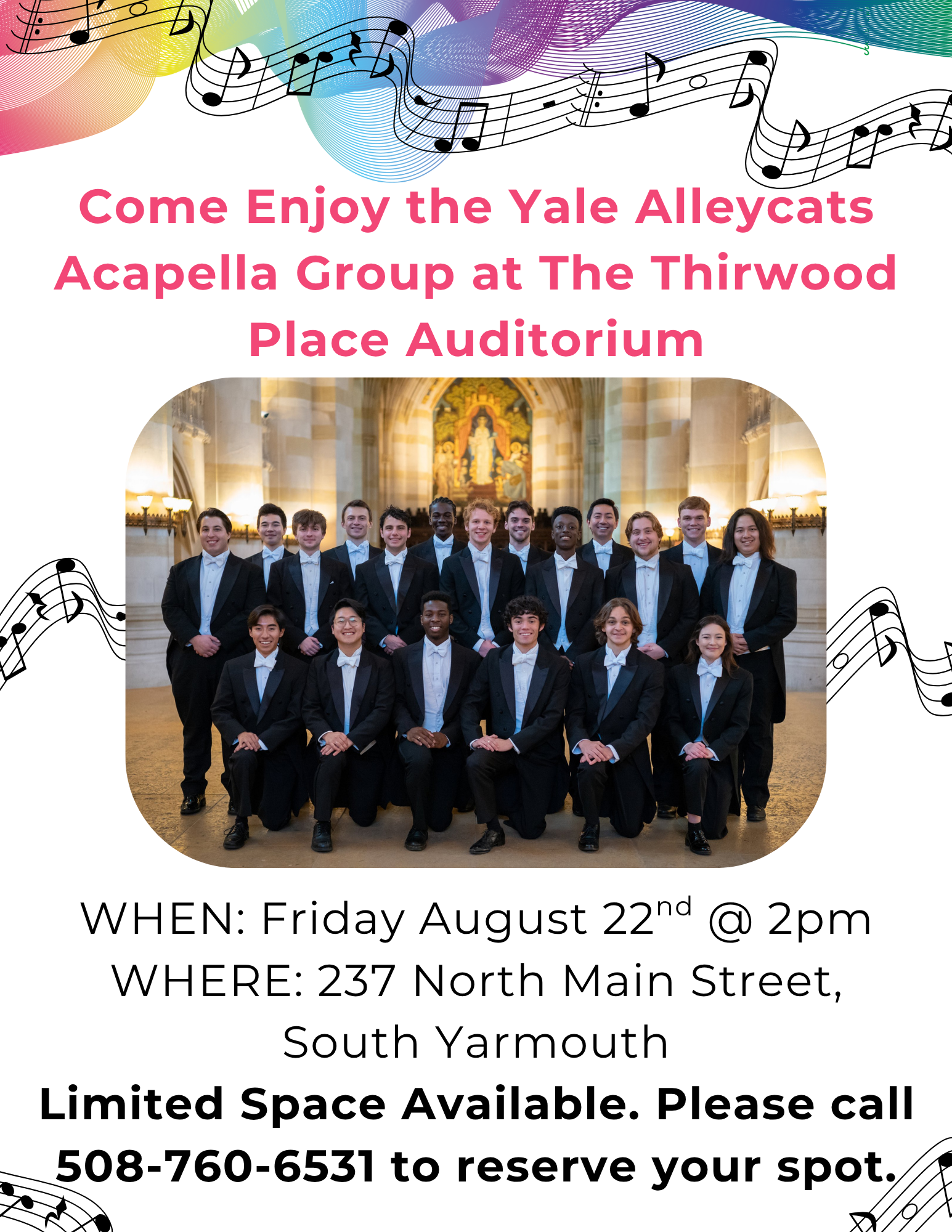Group of students in tuxedos posing together in an auditorium, celebrating their accomplishments, with scholarship event details and music notes around the border.